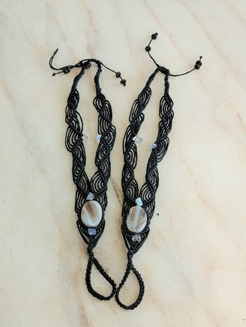 Handmade Macramé Barefoot Sandals – Banded Agate Cabochon, Black Micro-Macramé